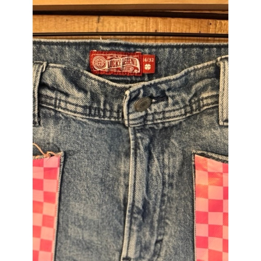 Unique upcycled Bird Patchwork Straight Leg Jeans Eclectic Boho Denim 14/32 - Picture 13 of 14
